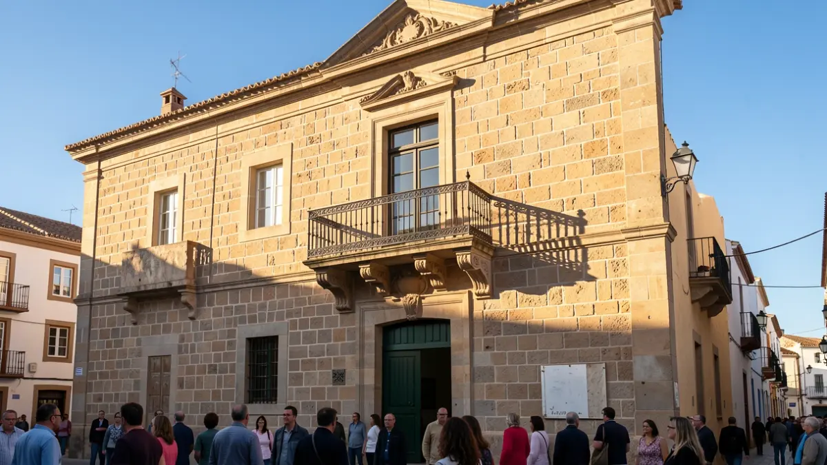 Facade of a historic stone town hall in Teror, Gran Canaria, with a balcony and iron railings. Warm afternoon light.