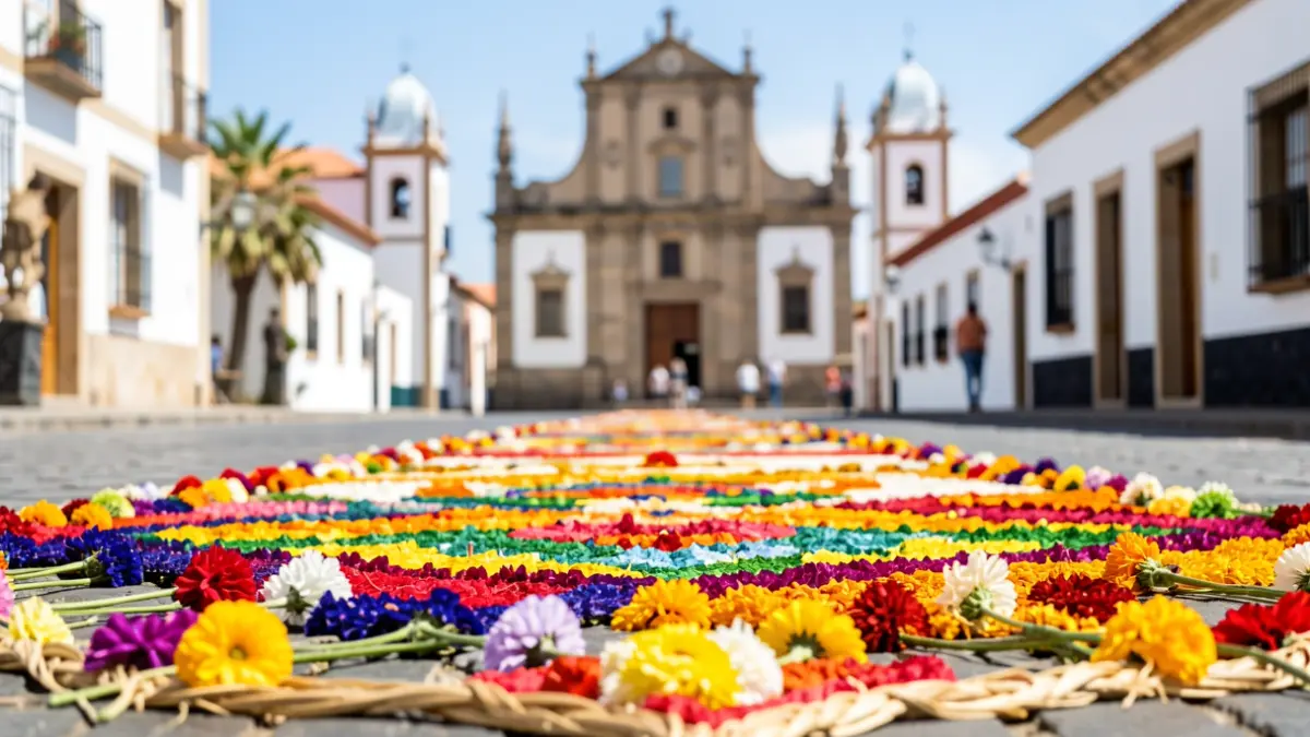 Flower and natural material carpets in the streets of Teror for Corpus Christi.