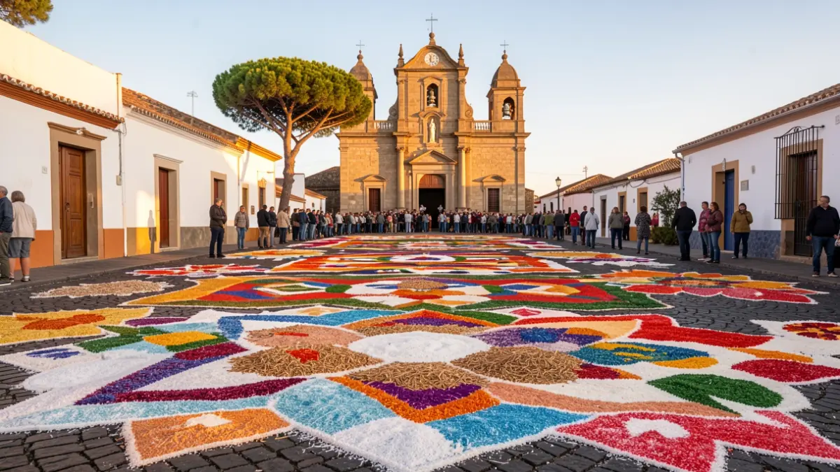 Alfombras de sal y materiales naturales en Teror para la festividad del Sagrado Corazón de Jesús.