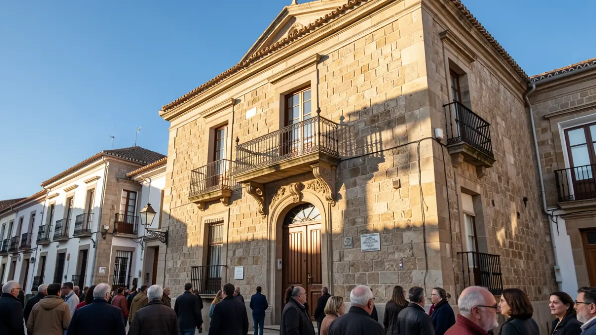 Facade of a traditional Canarian stone town hall with a balcony and iron railings, in warm afternoon light.