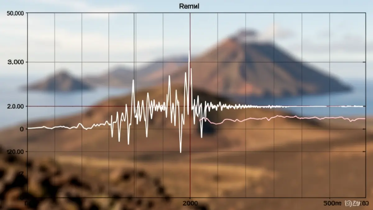 Seismograph graph showing an earthquake spike with a blurred volcanic landscape in the background.