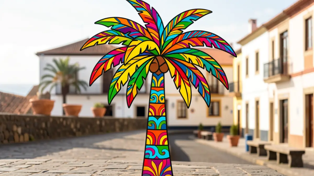 Ilustración colorida de una palmera estilizada, símbolo de la identidad canaria.