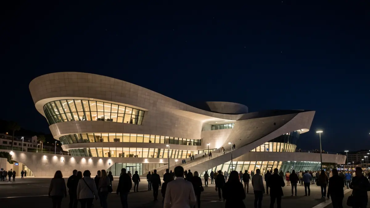 Imagen del Auditorio de Tenerife de noche, destacando su arquitectura.