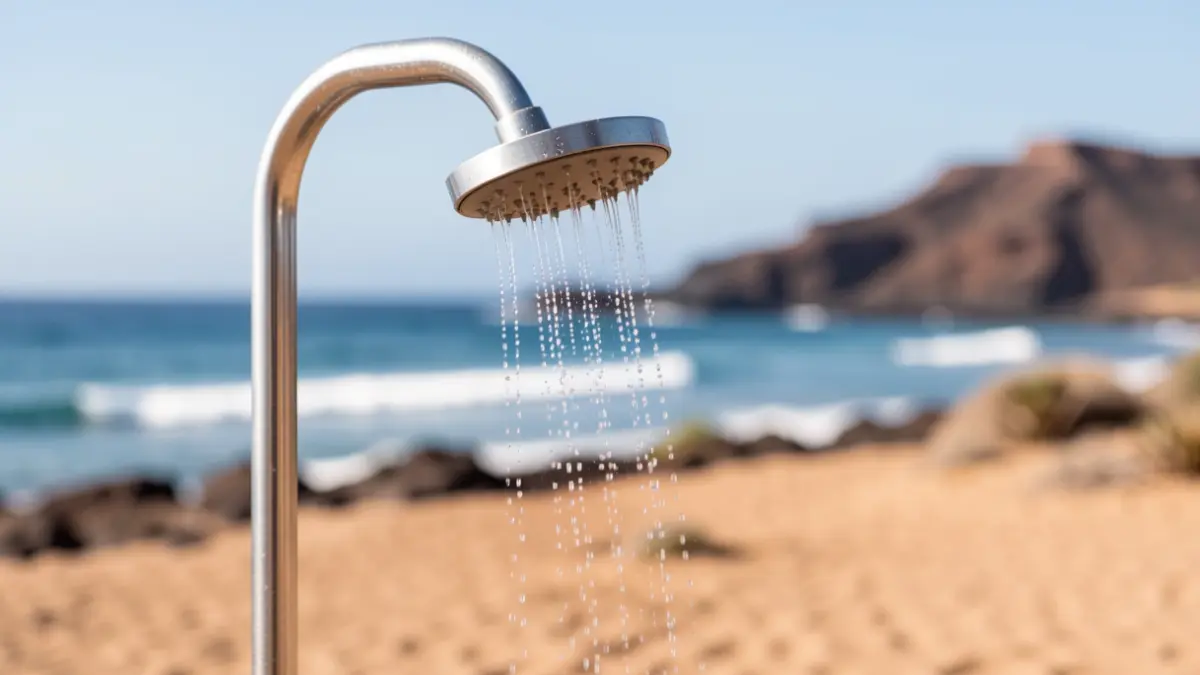 Generic image of a closed beach shower in Lanzarote due to water scarcity.