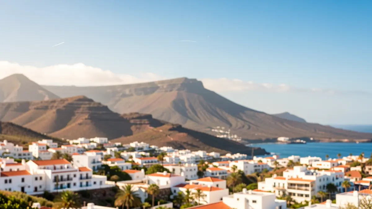 Cielo soleado sobre un pueblo costero de Canarias con paisaje volcánico.