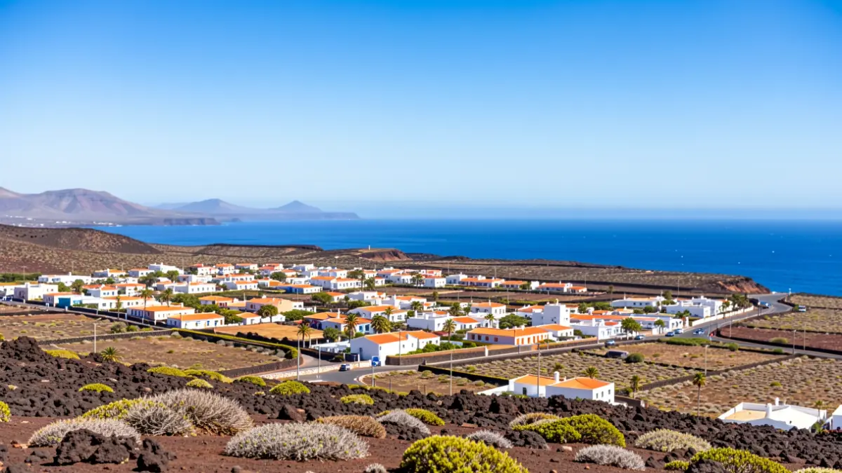 Clear and sunny sky over the town of Tías, Lanzarote, with volcanic landscape and the sea in the background.