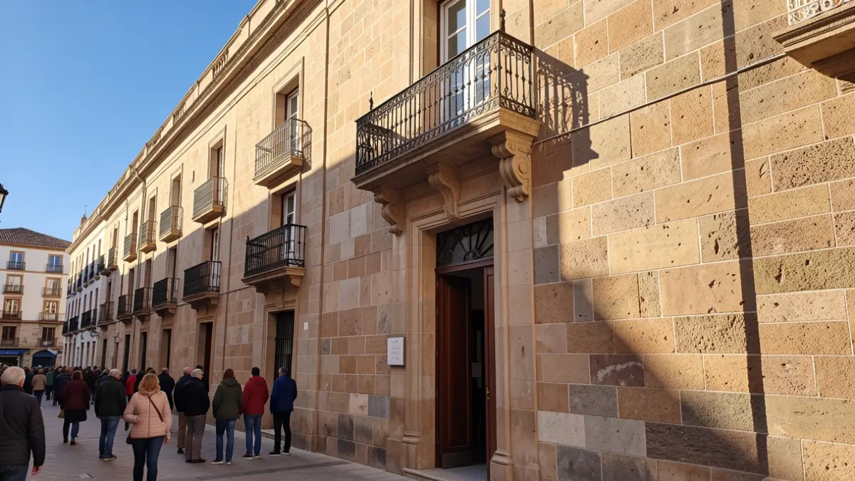 Fachada de un ayuntamiento canario con balcón y barandillas de hierro, luz de sol de la tarde.