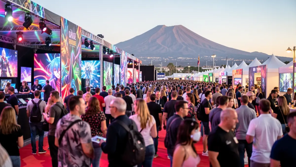 Generic image of a digital entertainment convention in Tenerife, featuring crowds and lights.