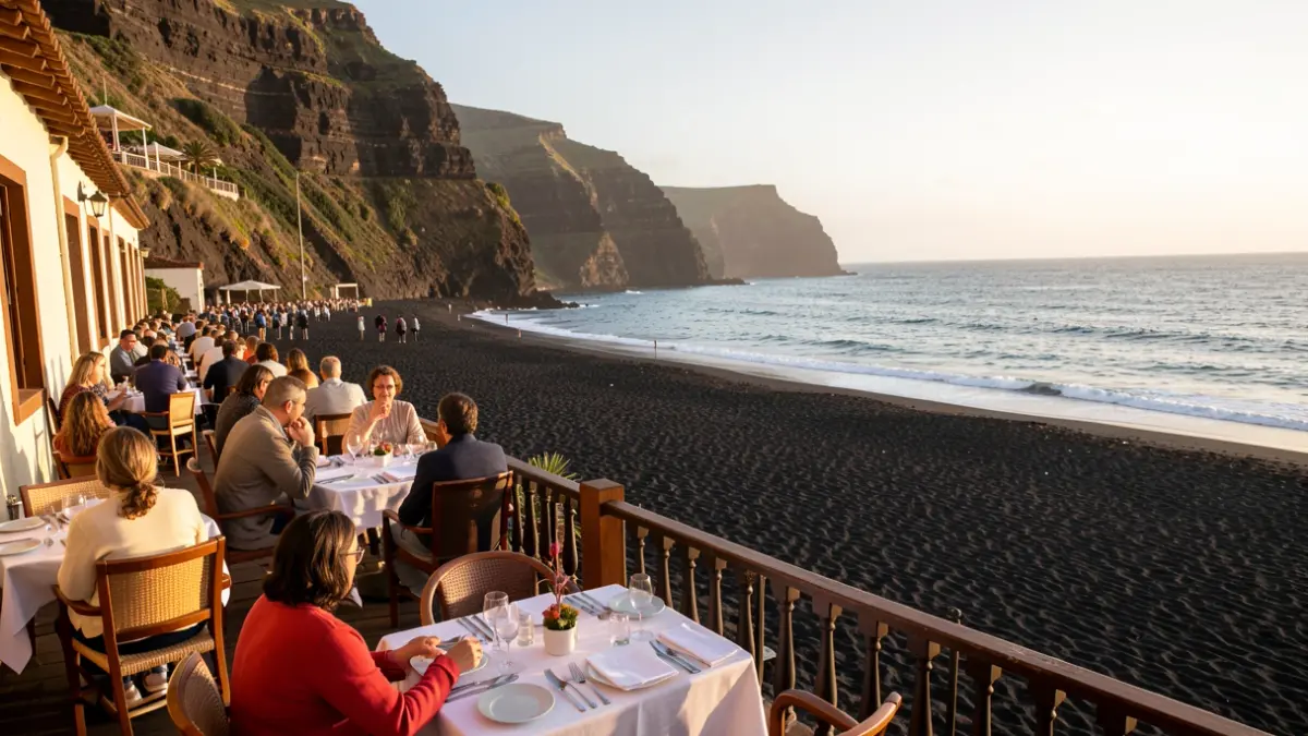 Terrace of the Playa Casa África restaurant in Taganana, Tenerife, with views of the sea and the black sand beach.