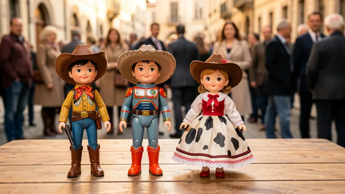 Close-up of classic 'Toy Story' toys, including a cowboy, a space ranger, and a cowgirl.