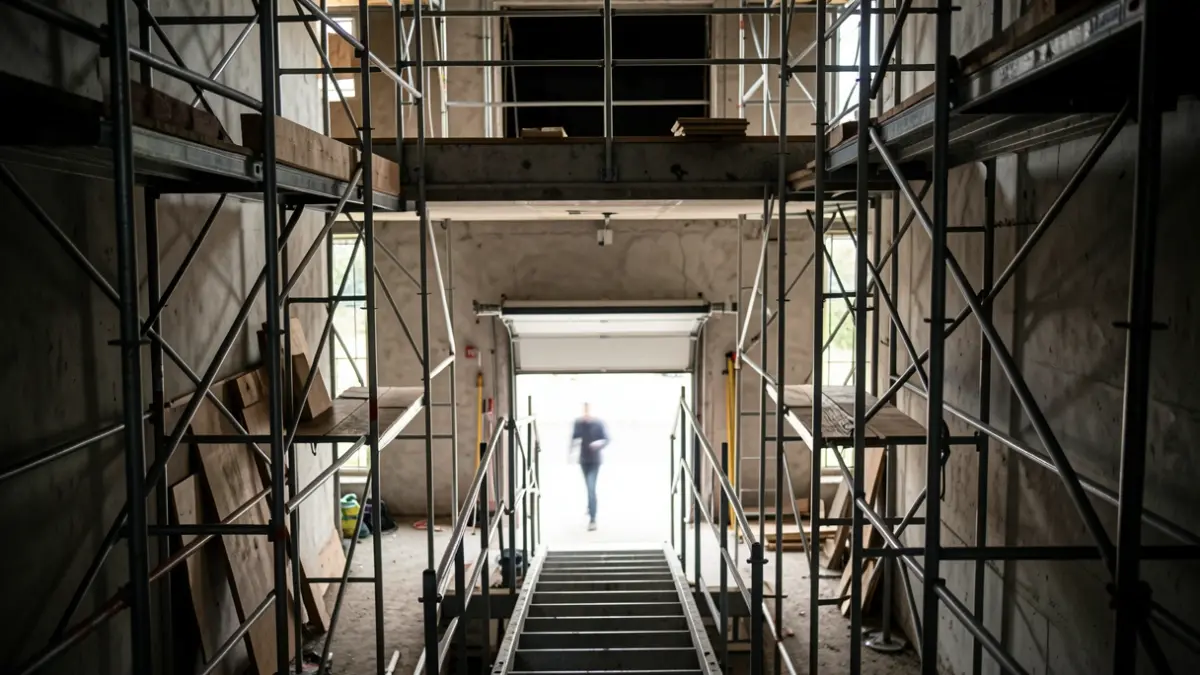 Generic image of a construction site with scaffolding and a ramp.