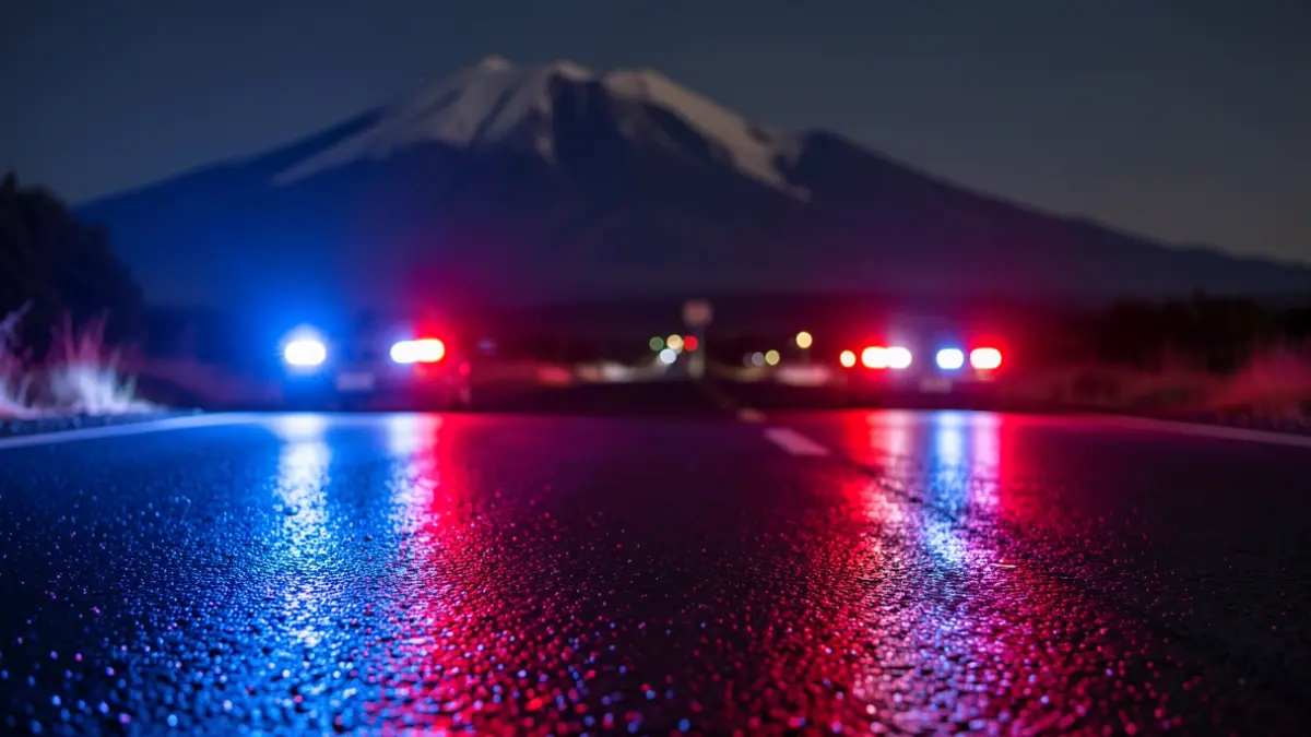 Imagen genérica de luces de emergencia policiales reflejándose en el asfalto mojado por la noche.