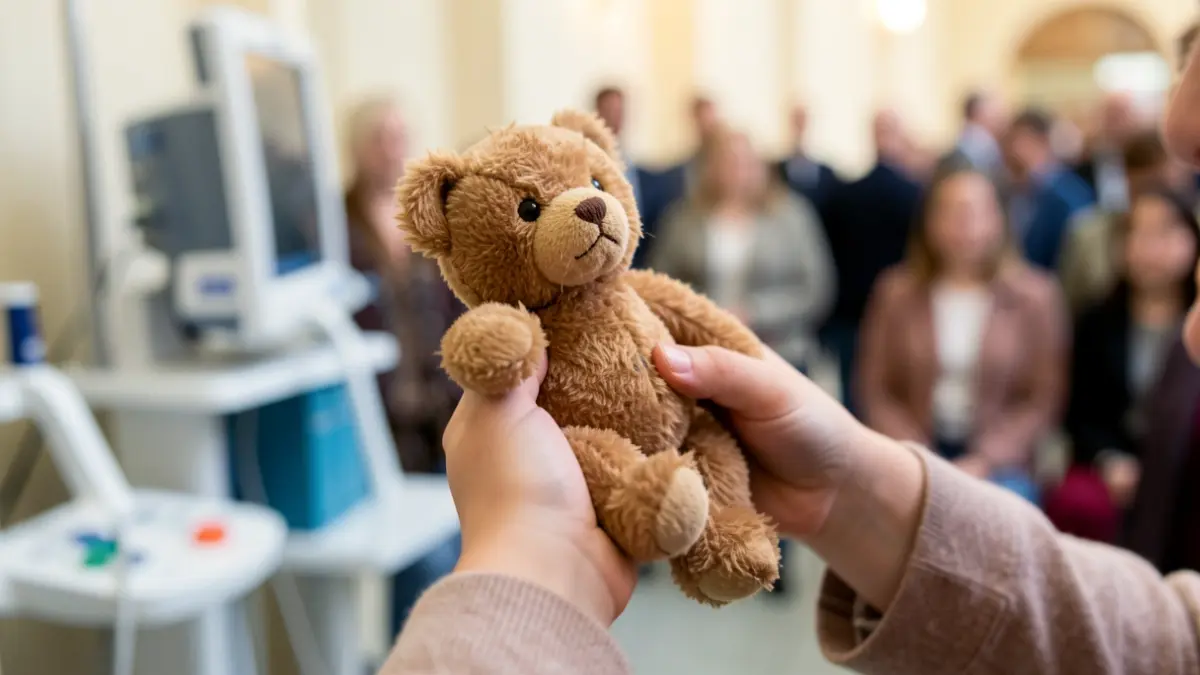Primer pla d'una mà infantil subjectant un osset de peluix gastat, amb equip mèdic difuminat al fons. Il·luminació suau i esperançadora.