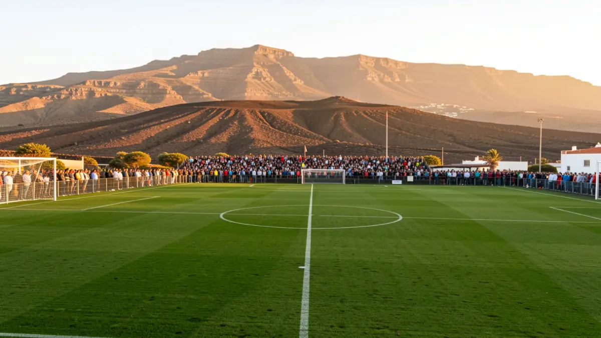 Imagen genérica de un campo de fútbol en Canarias con paisaje volcánico al atardecer.