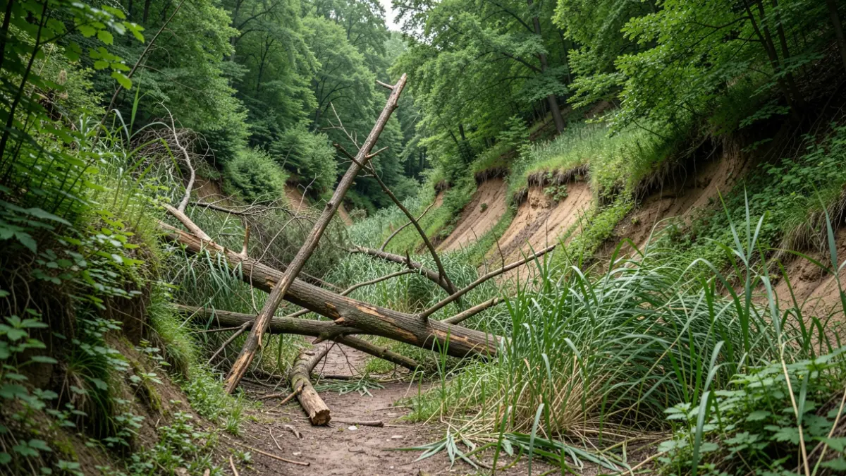 Damaged trail in a ravine with fallen reeds and logs.