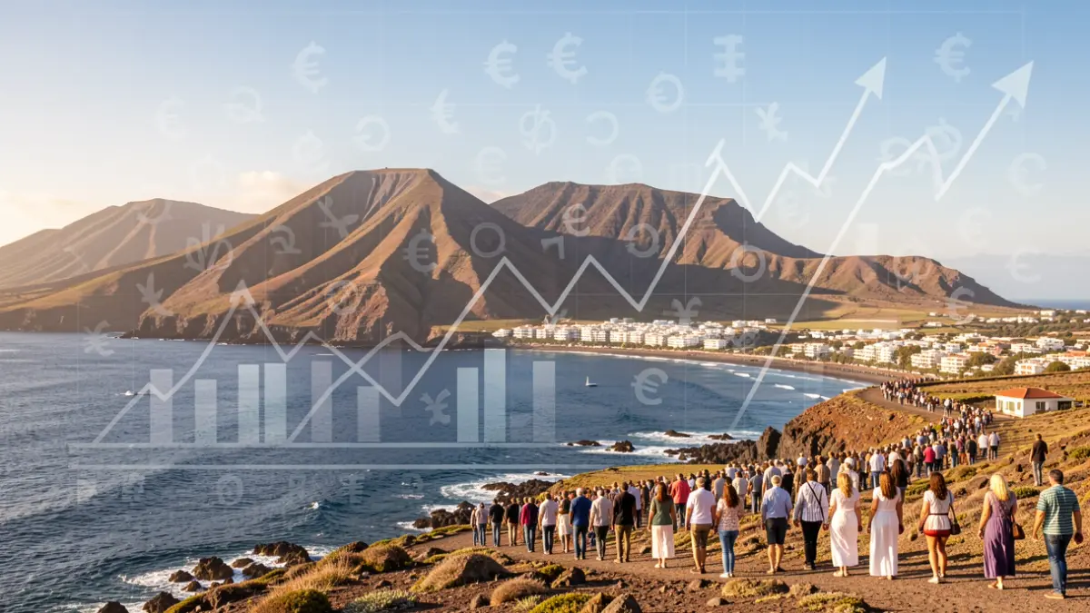 Generic image of a Canary Islands landscape with abstract economic elements.