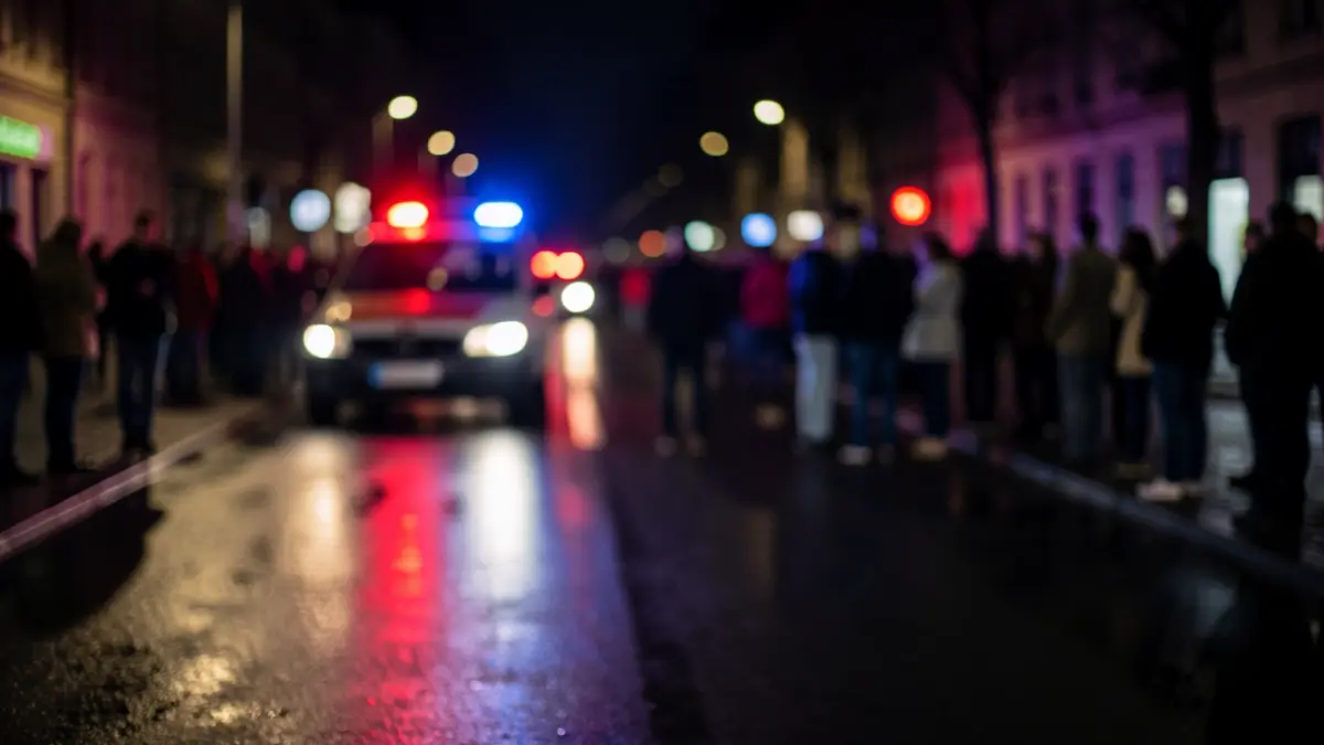 Generic image of emergency lights reflecting on wet asphalt at night.