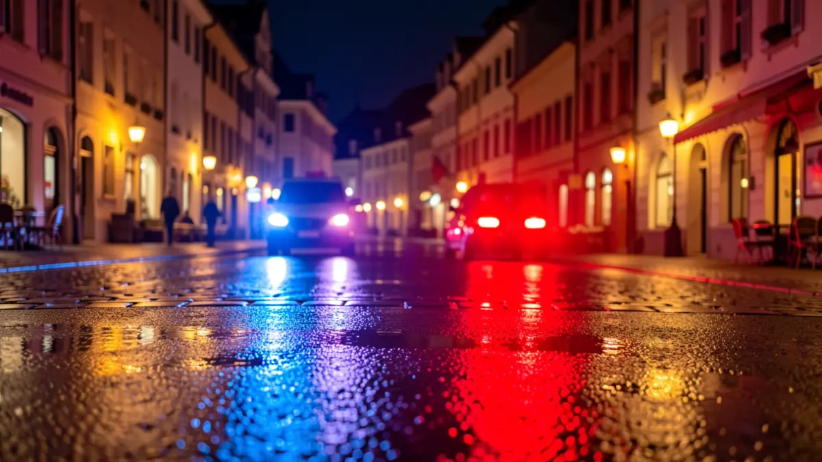 Generic image of police emergency lights reflecting on wet asphalt at night.