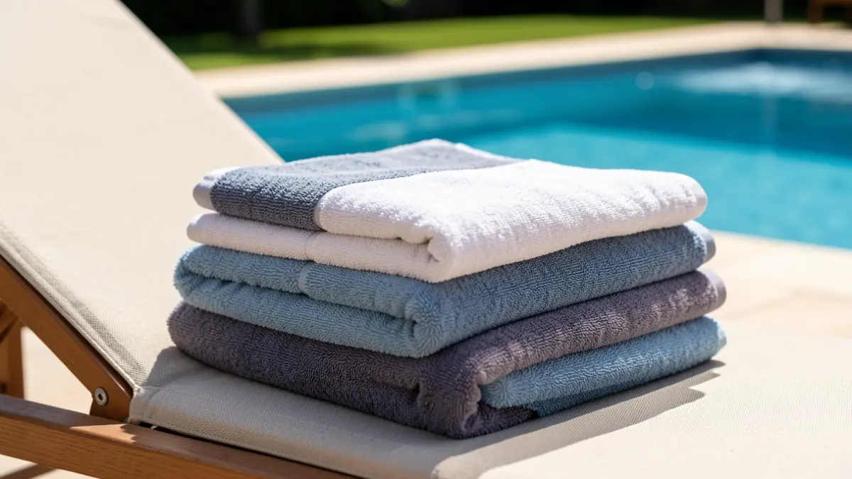Generic image of beach towels stacked on an empty sun lounger by a swimming pool.