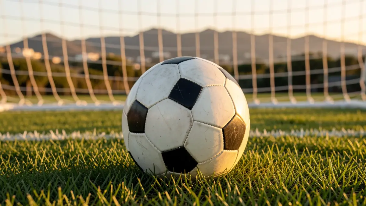 Generic image of a soccer ball on grass with the goal net out of focus.