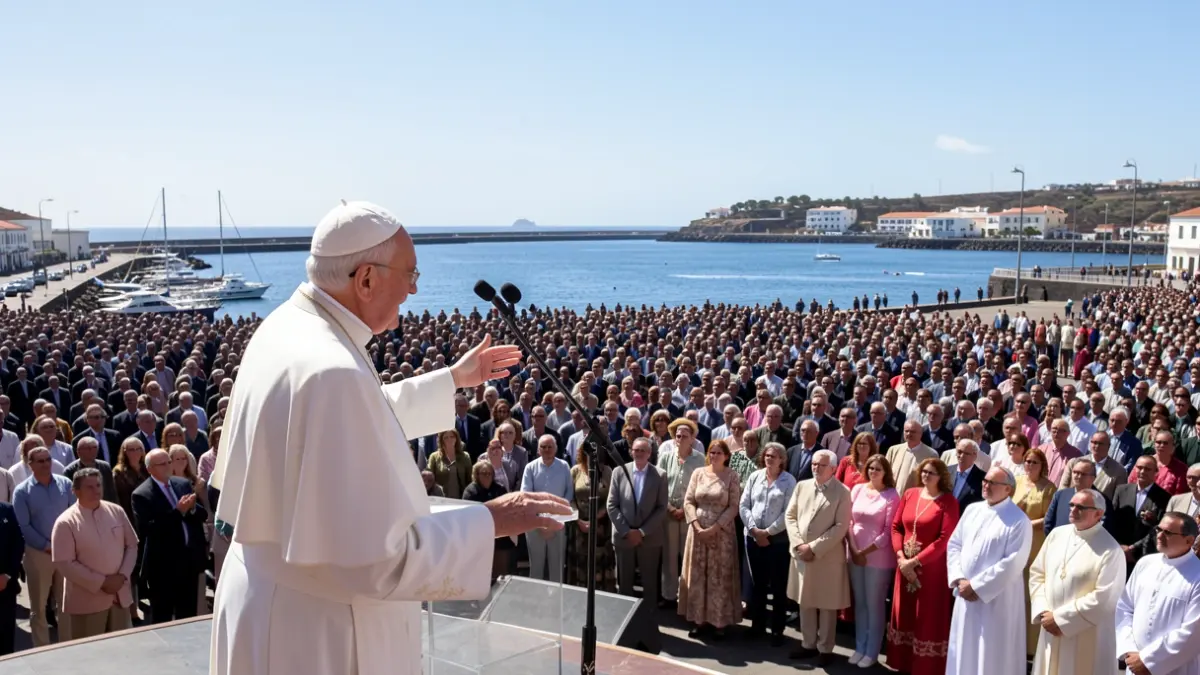 Imagen del papa León XIV dirigiéndose a una multitud durante una misa en el puerto de Santa Cruz de Tenerife.