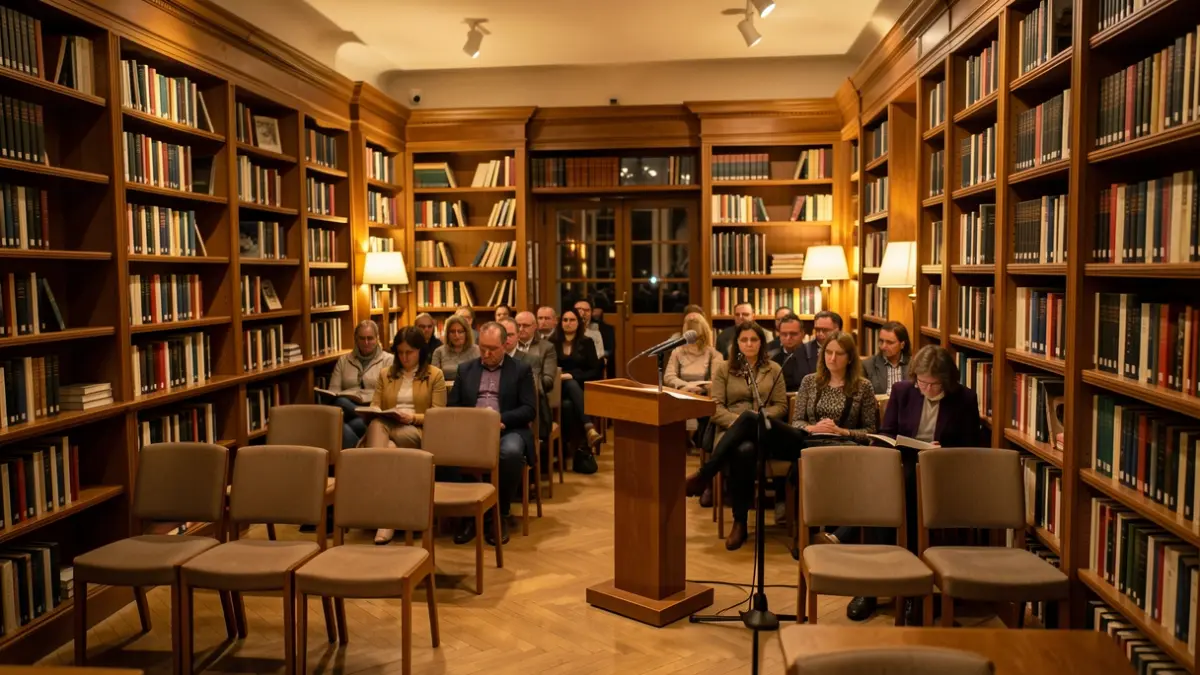 Setting for a cultural documentary presentation in a room with warm lighting.
