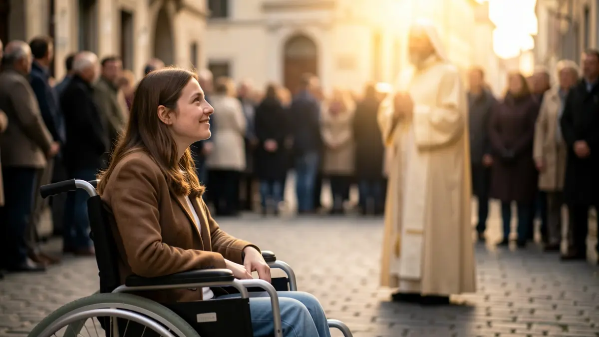 Generic image of a young woman in a wheelchair looking towards a religious figure.