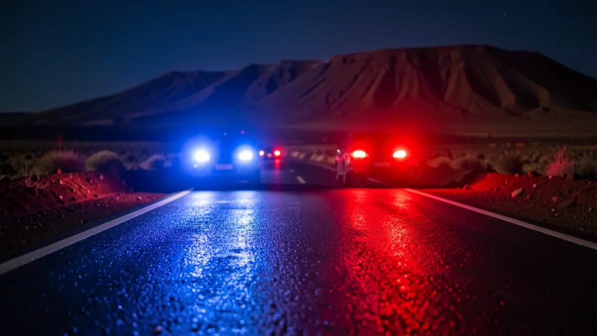 Imagen genérica de luces de emergencia policiales reflejándose en el asfalto mojado de una carretera rural en Fuerteventura por la noche.