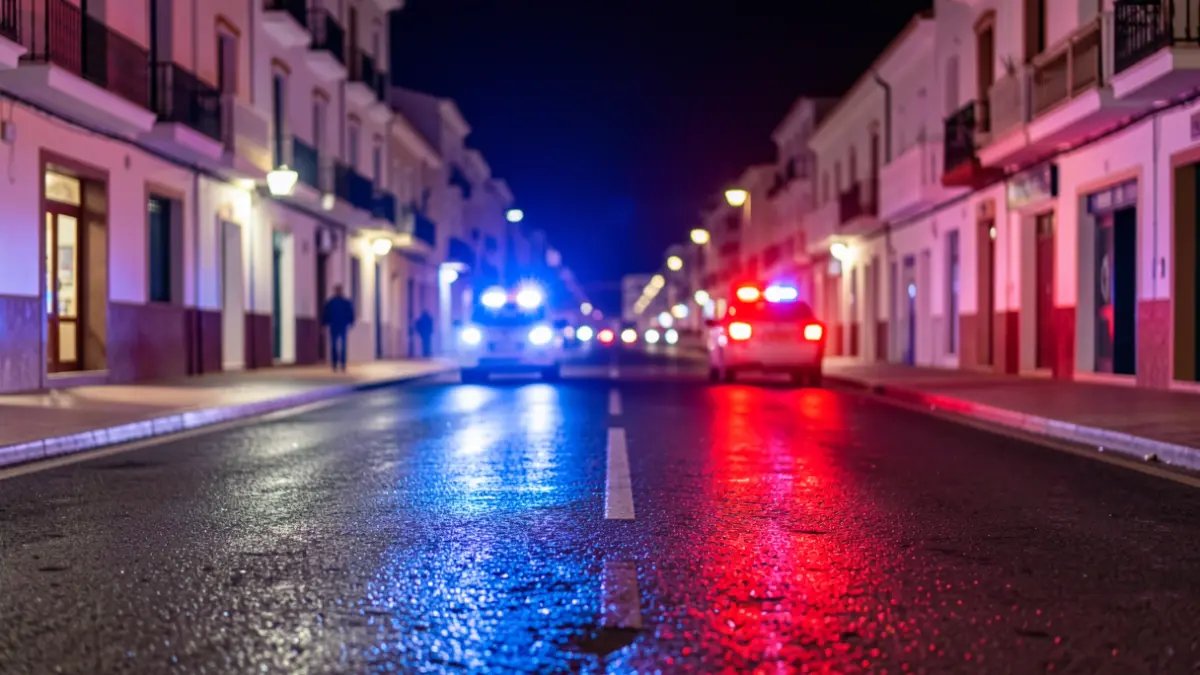 Imagen genérica de luces de emergencia policiales reflejadas en el asfalto durante la noche.