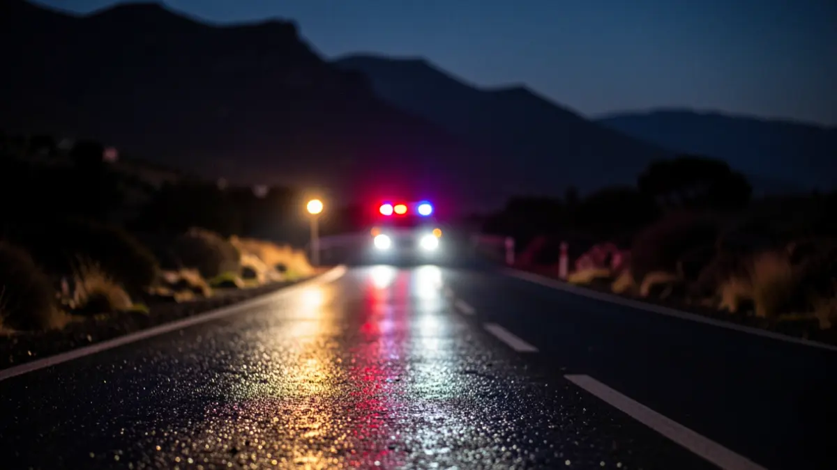 Luces de emergencia reflejadas en el asfalto durante una intervención en una zona rural.