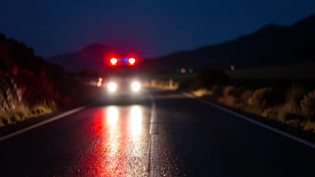 Image of emergency lights reflected on asphalt during a night intervention.