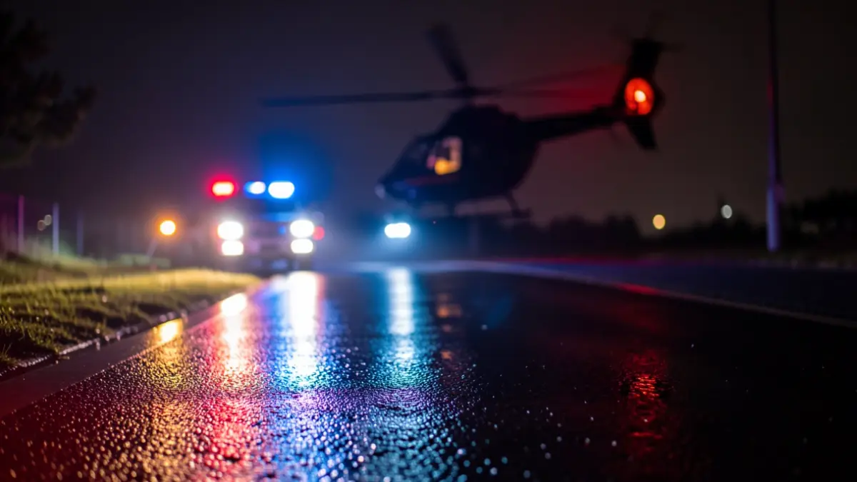 Image of emergency lights reflected on asphalt during a rescue operation.