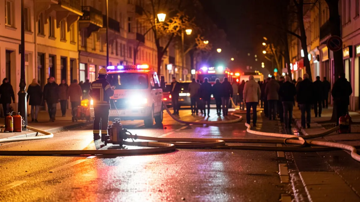 Imagen de luces de emergencia reflejadas en el asfalto durante una intervención de bomberos.