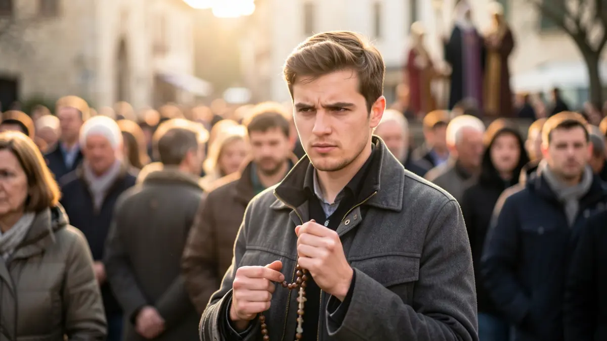 Image of a young activist holding a rosary during the Pope's visit.