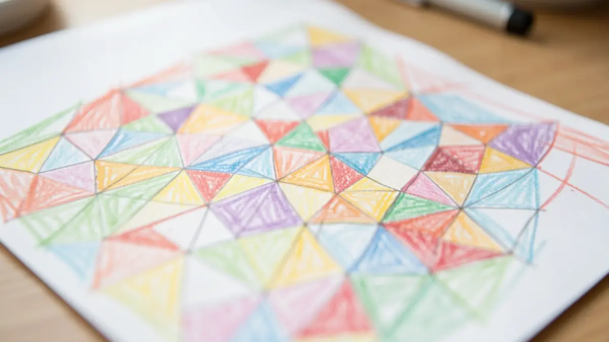 Close-up of a child's drawing featuring a repeating geometric pattern, rendered in colored pencils on white paper.