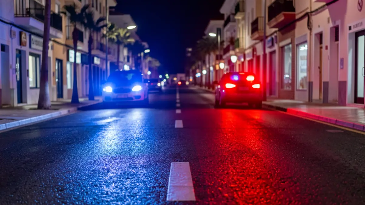 Imagen genérica de luces de emergencia policial reflejadas en el asfalto durante la noche.