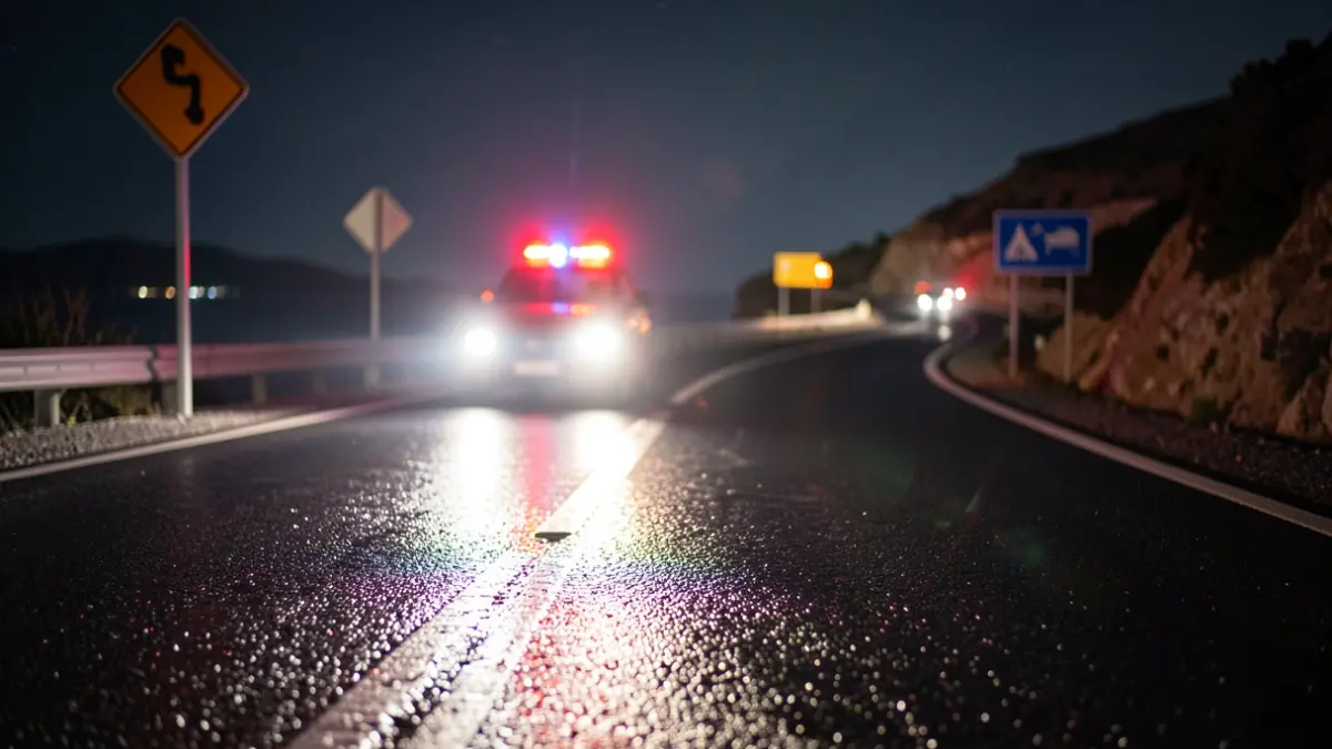 Generic image of emergency lights on a road at night.