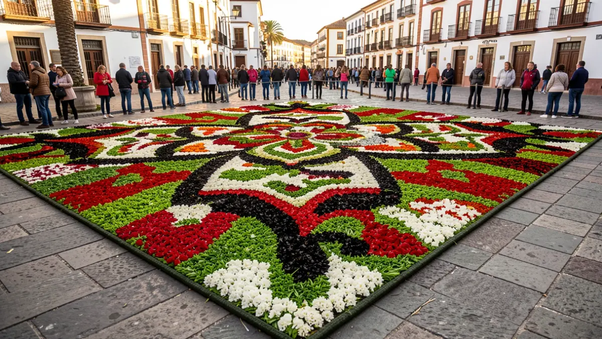 Floral carpet installed in Plaza de Santa Ana for the Corpus Christi celebration.