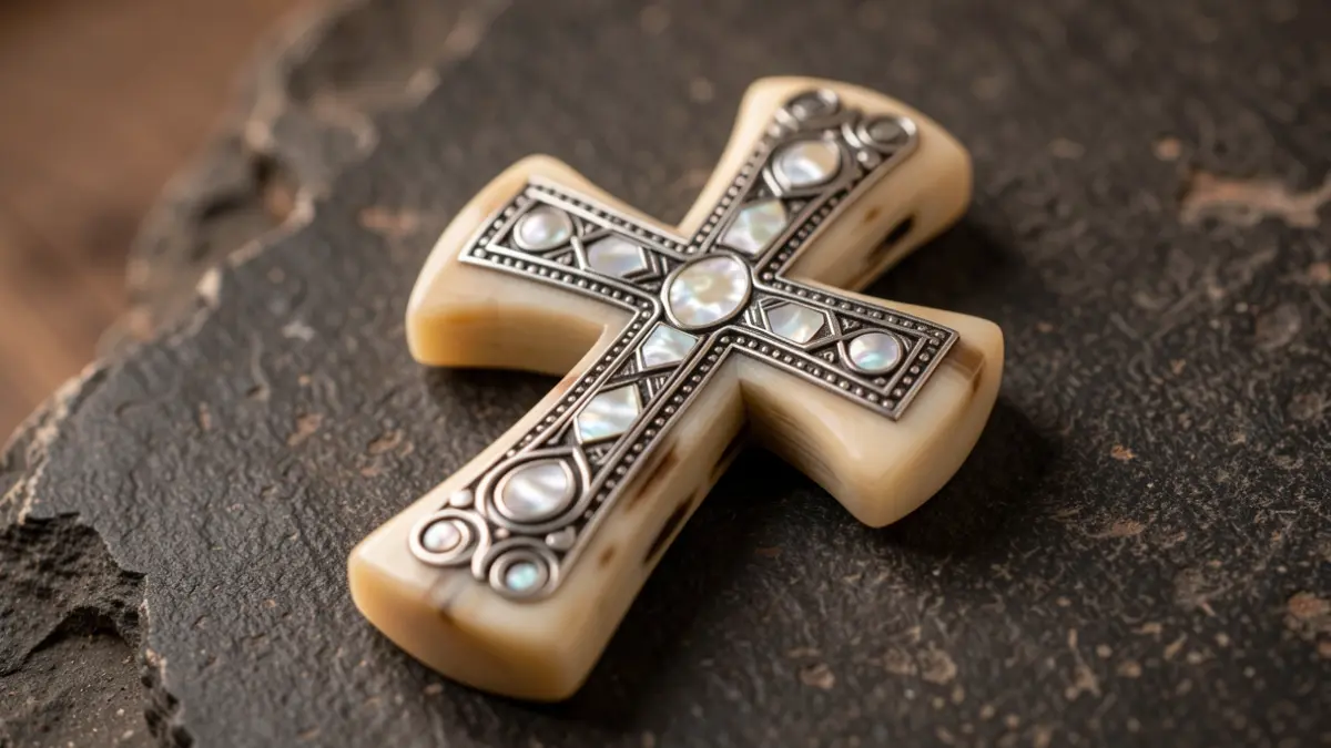 Image of a handcrafted cross inspired by the Canarian knife, with silver and mother-of-pearl details.