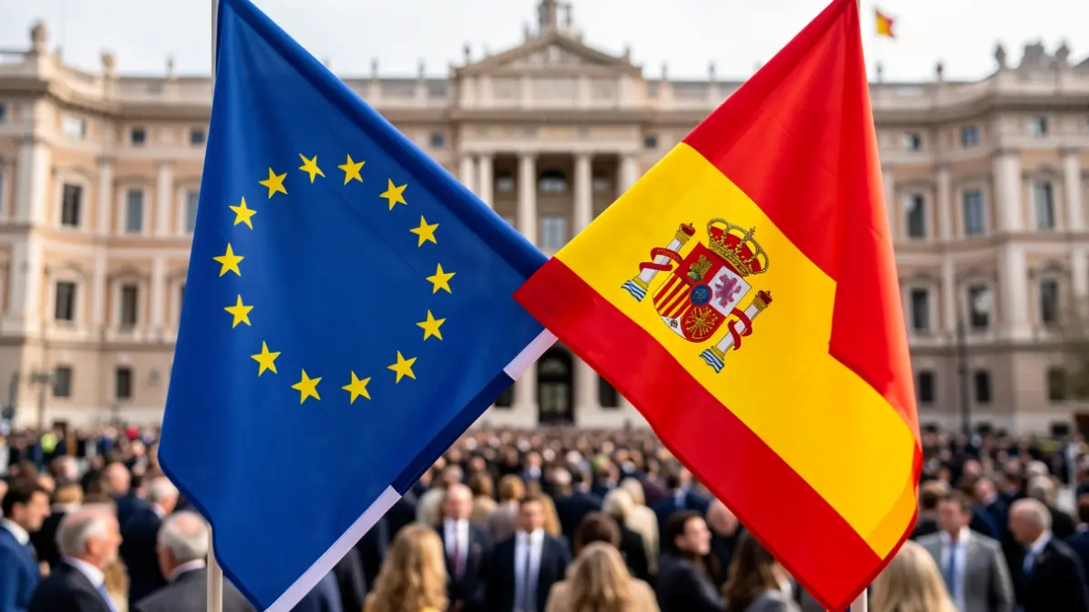 European Union and Spanish flags intertwined in front of the Congress of Deputies.