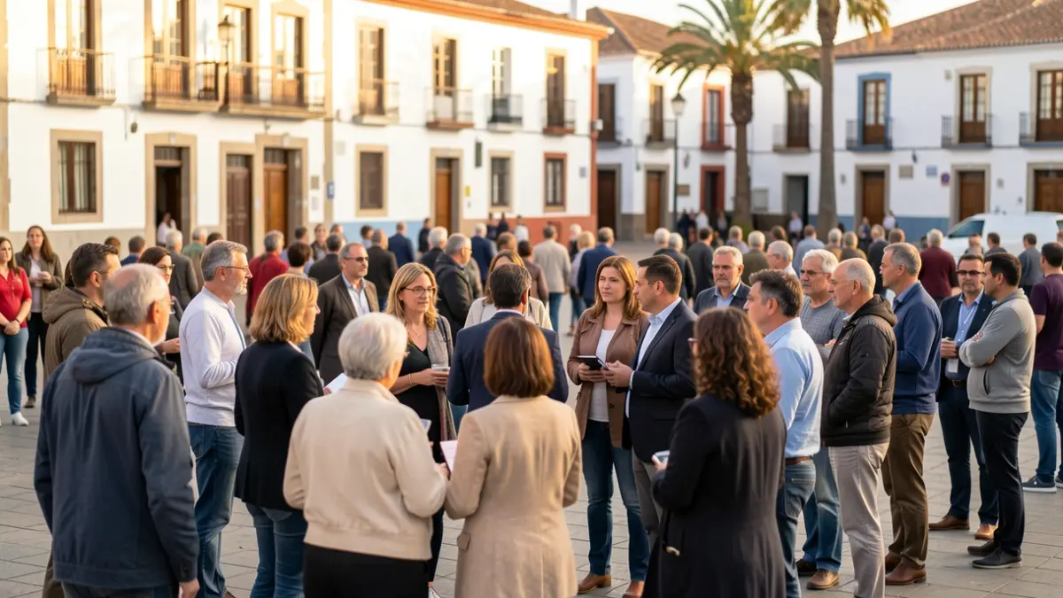 Imagen genérica de un grupo diverso de personas en una plaza pública en Tenerife, con arquitectura canaria al fondo.