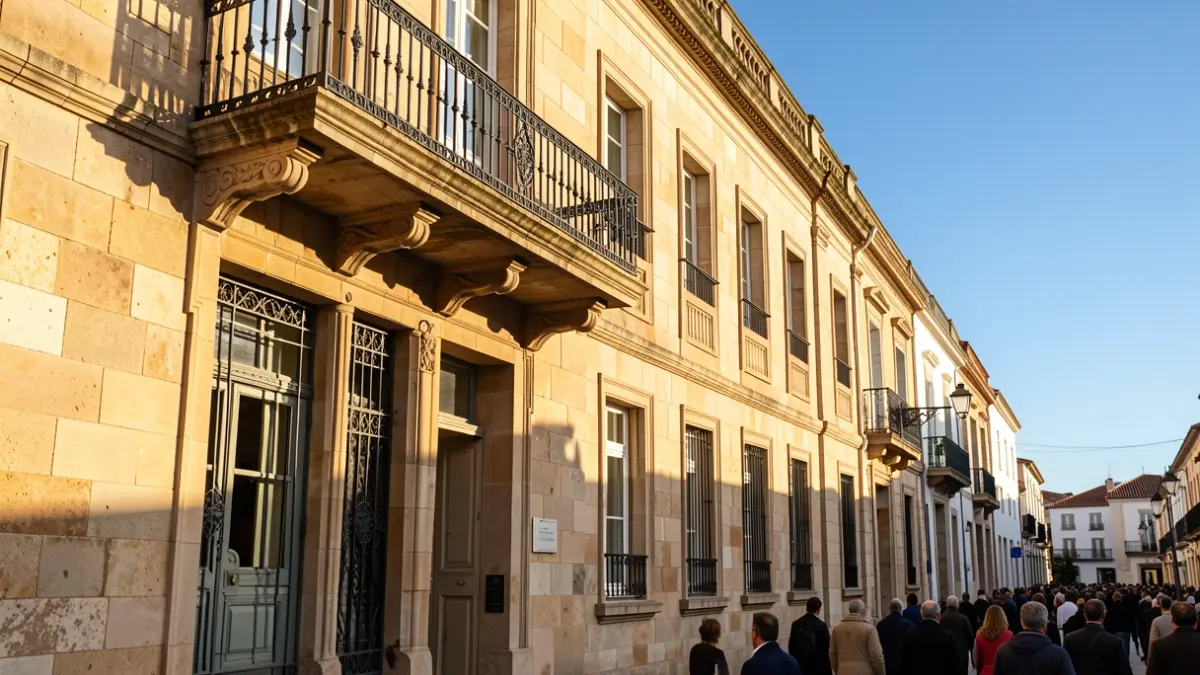 Fachada de un ayuntamiento canario con balcón de hierro y luz de tarde.