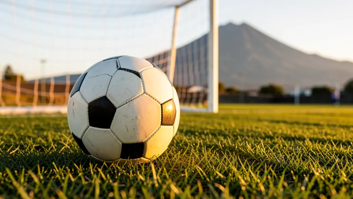Generic image of a soccer ball on grass with Teide in the background.