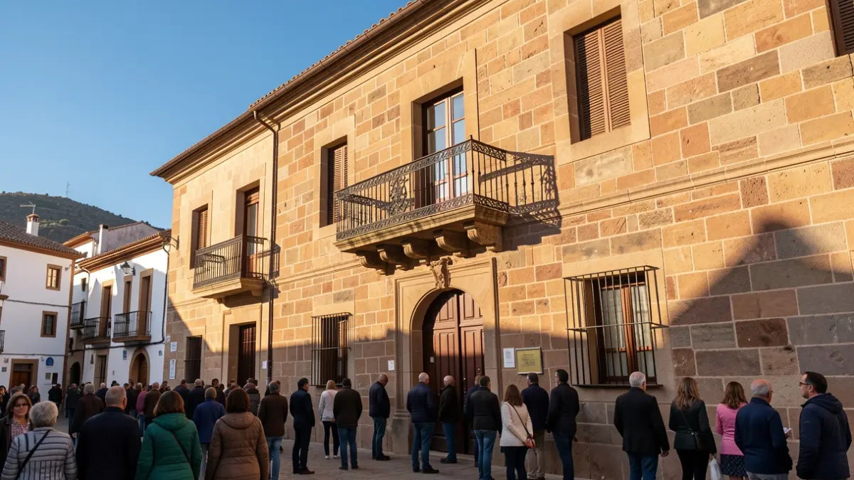 Facade of a traditional Canarian town hall with an iron balcony and afternoon light.