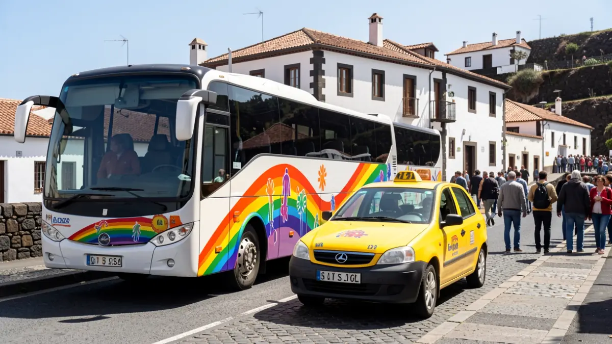 Autobús y taxi con pegatinas arcoíris en Valle Gran Rey, La Gomera, como parte de una campaña de visibilidad LGBTIQ+.