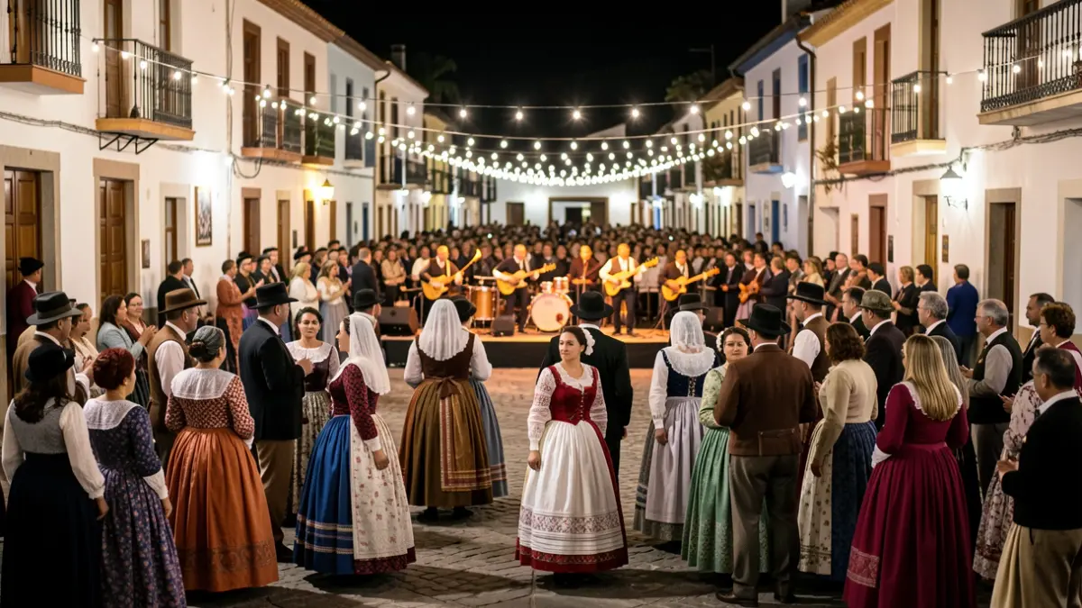Generic image of a traditional Canarian celebration with people in traditional dress and festive lights.