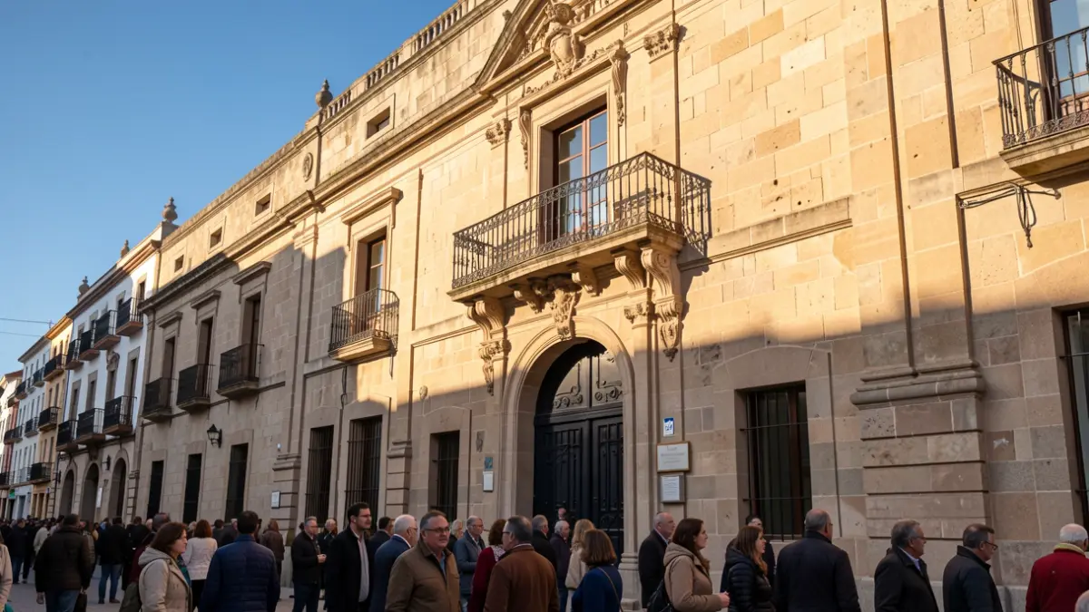 Fachada de piedra de un ayuntamiento canario con balcón ornamentado y barandillas de hierro, luz cálida de la tarde proyectando sombras sobre los muros de arenisca, cielo azul.