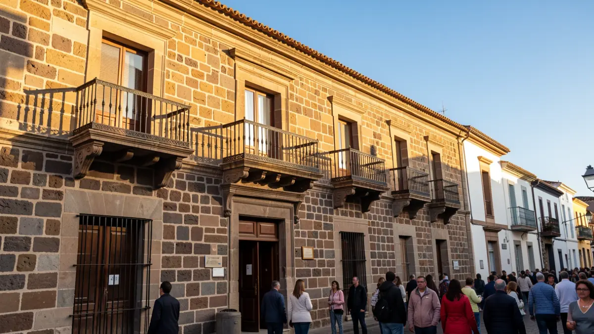 Facade of a traditional Canarian town hall with a balcony and iron railings, under warm afternoon light.