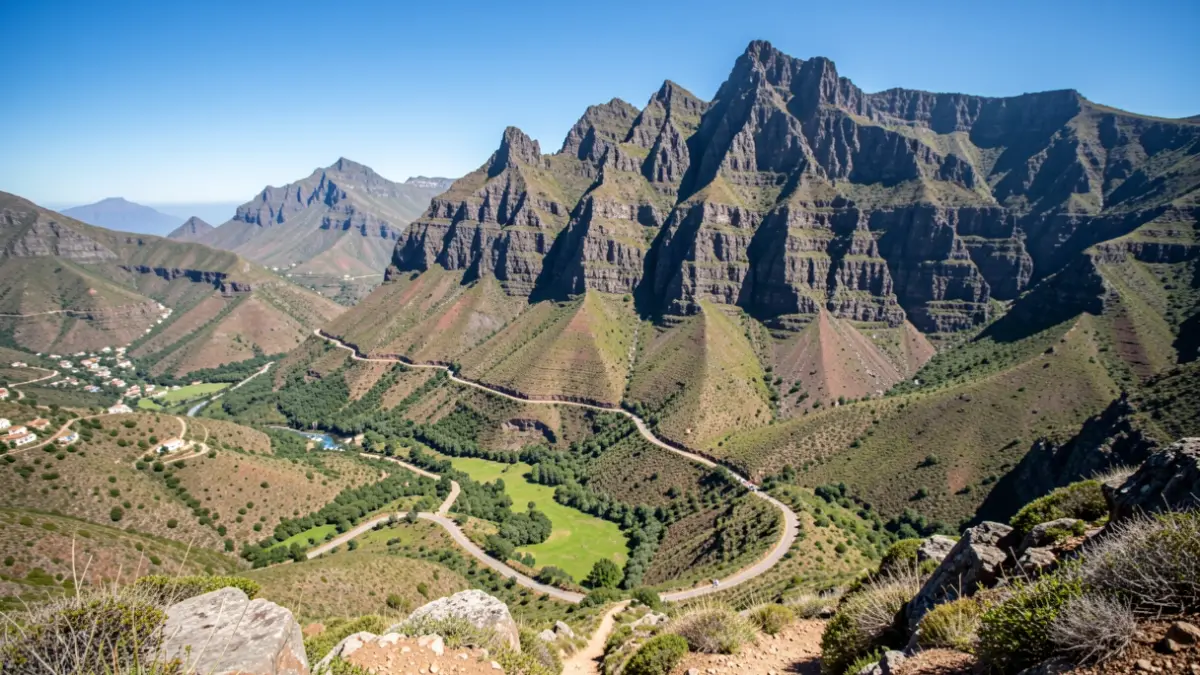Paisaje montañoso de Vallehermoso con un sendero para una carrera de montaña.