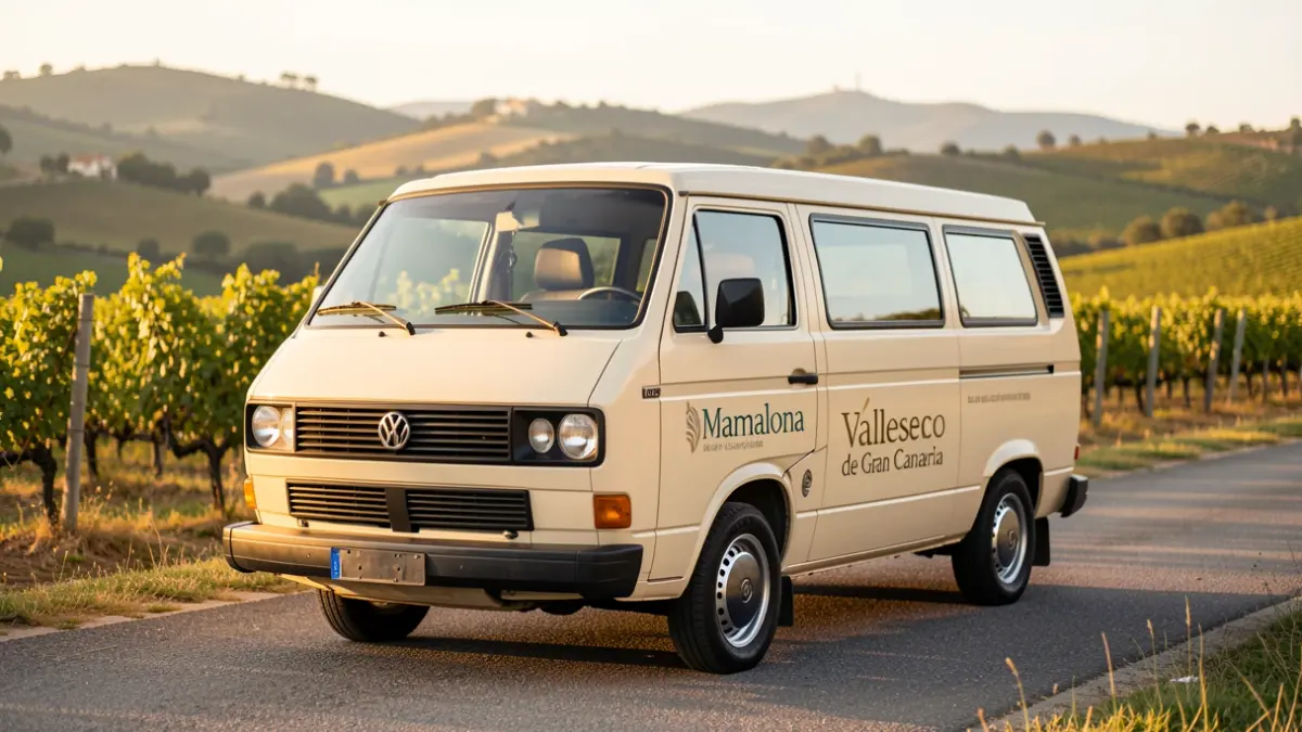 Vintage Volkswagen Multivan T4 van 'Mamalona', subtly branded with Valleseco de Gran Canaria motifs, parked on a scenic European road.